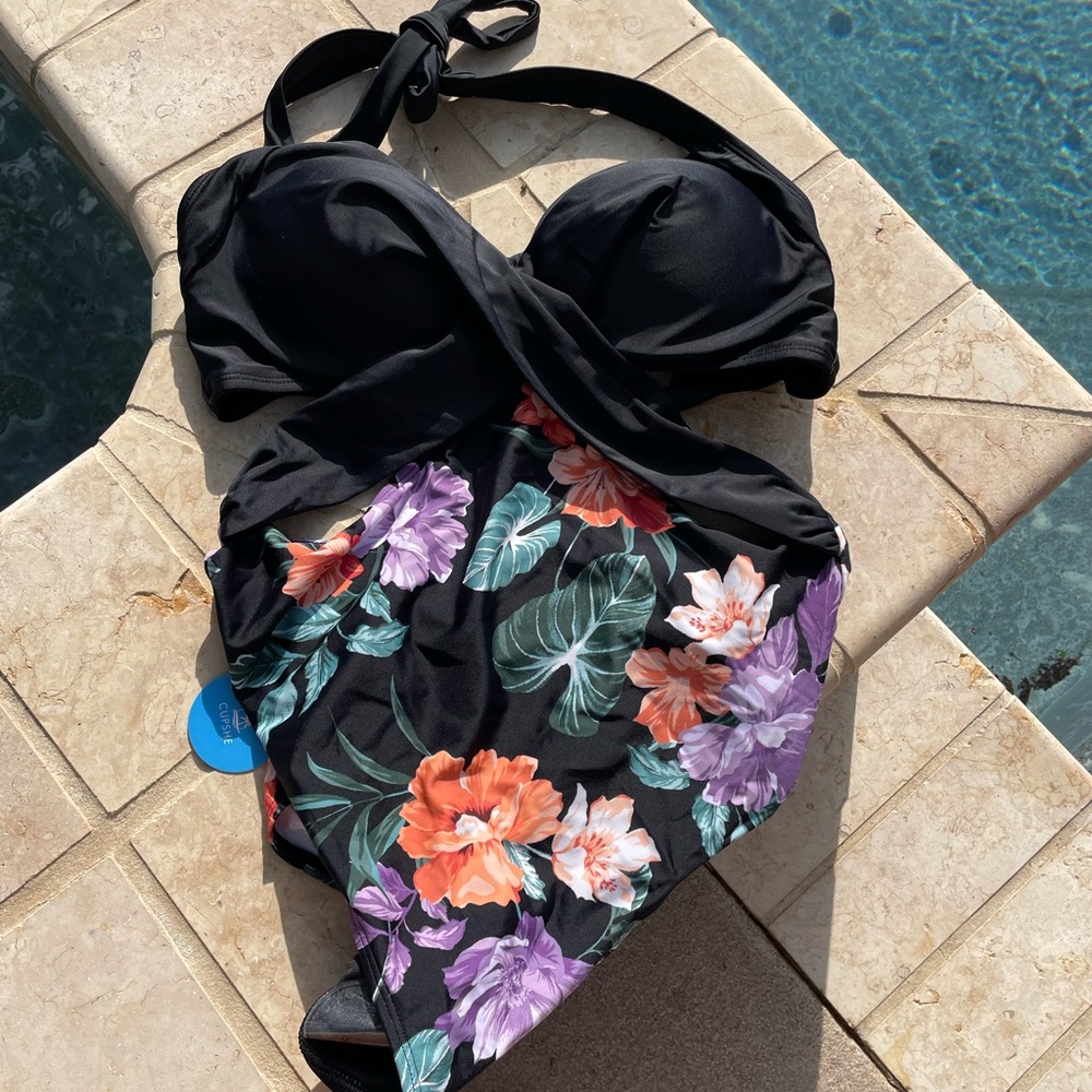 Cupshe One piece floral swimsuit.  Black on top and tropical print on bottom